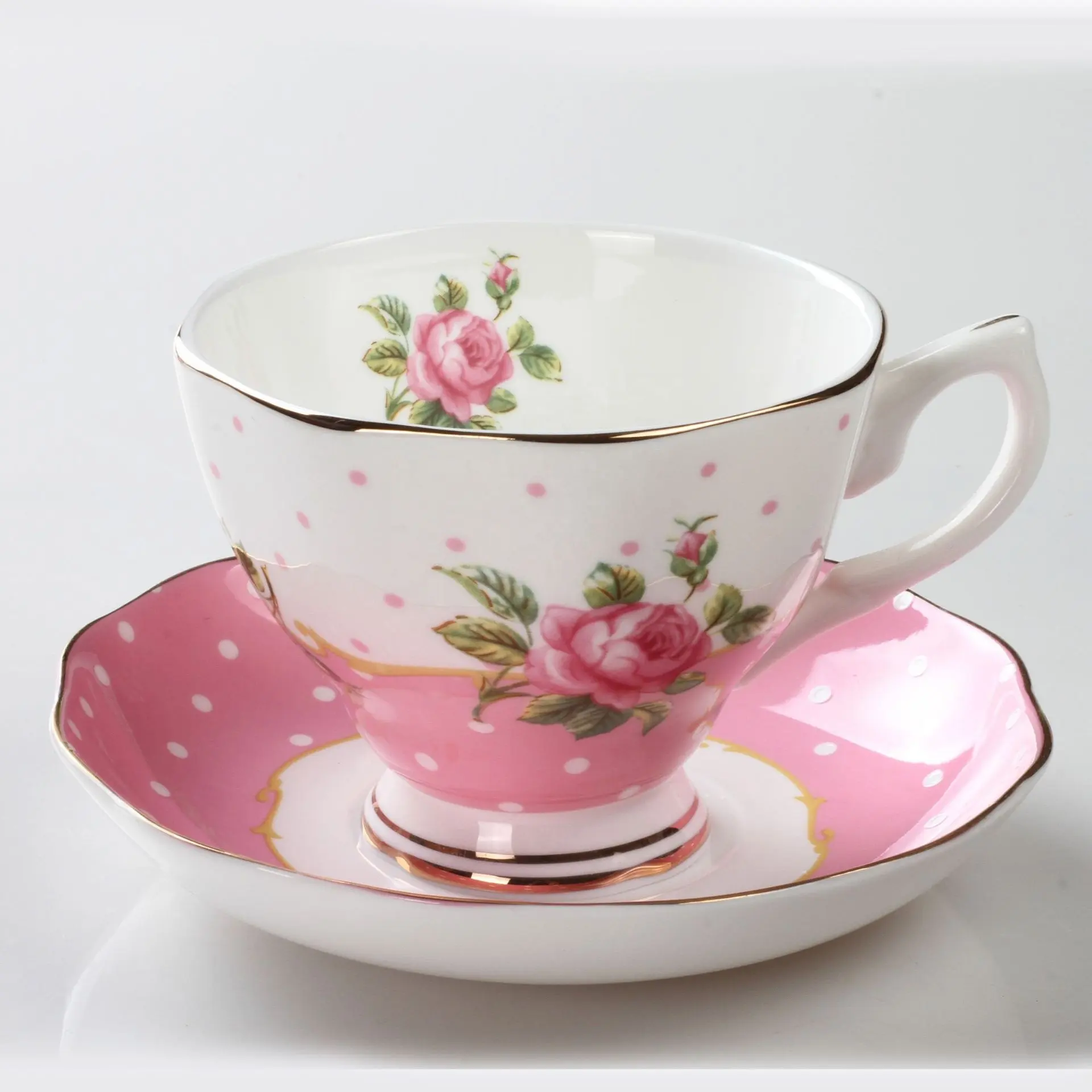 Tazas de cerámica de estilo romántico, juego de platillos y tazas de café reales de China, Rosa, en caja Formal
