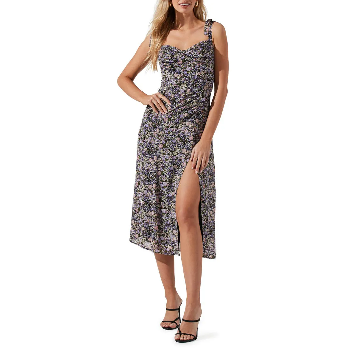 Vestido midi floral feminino, vestido midi floral de mangas para mulheres