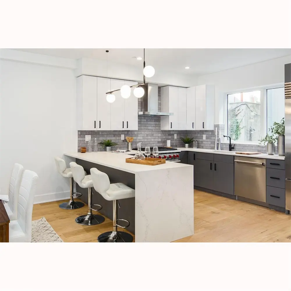 Aisdecoration-armario con base de color oscuro, mueble colgante blanco brillante, diseño de cocina, a la venta