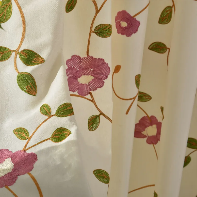 Tela opaca de algodón y lino para cortina, tela bordada con flores para dormitorio