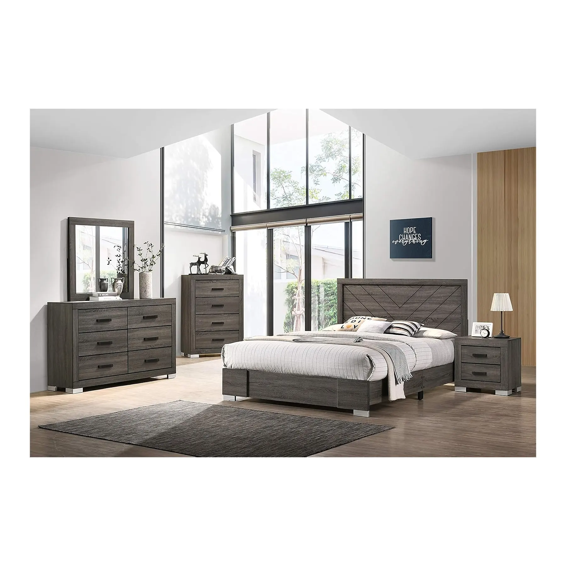 Cama de madera tamaño Super King Juego de dormitorio King de 5 piezas en Gardner-Juegos de dormitorio blancos