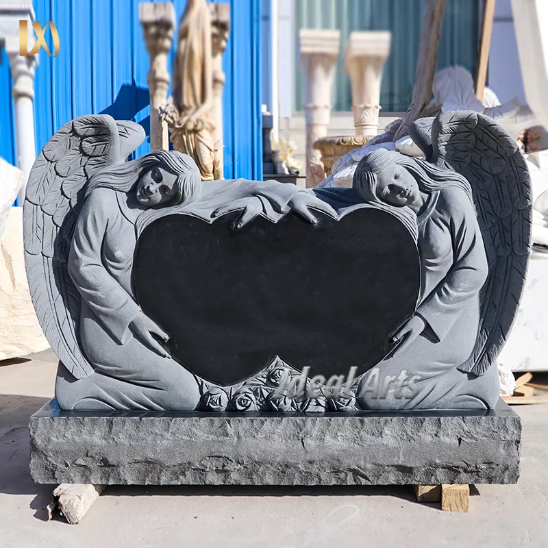 Lápida de granito conmemorativa de cementerio al aire libre personalizada mármol negro doble corazón arrodillado alas de Ángel lápida cementerio lápida