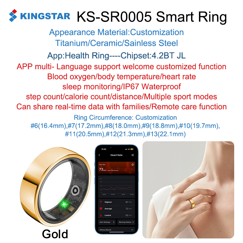 Anillo inteligente dorado KINGSTAR-SR0005-AI para salud, sueño y fitness