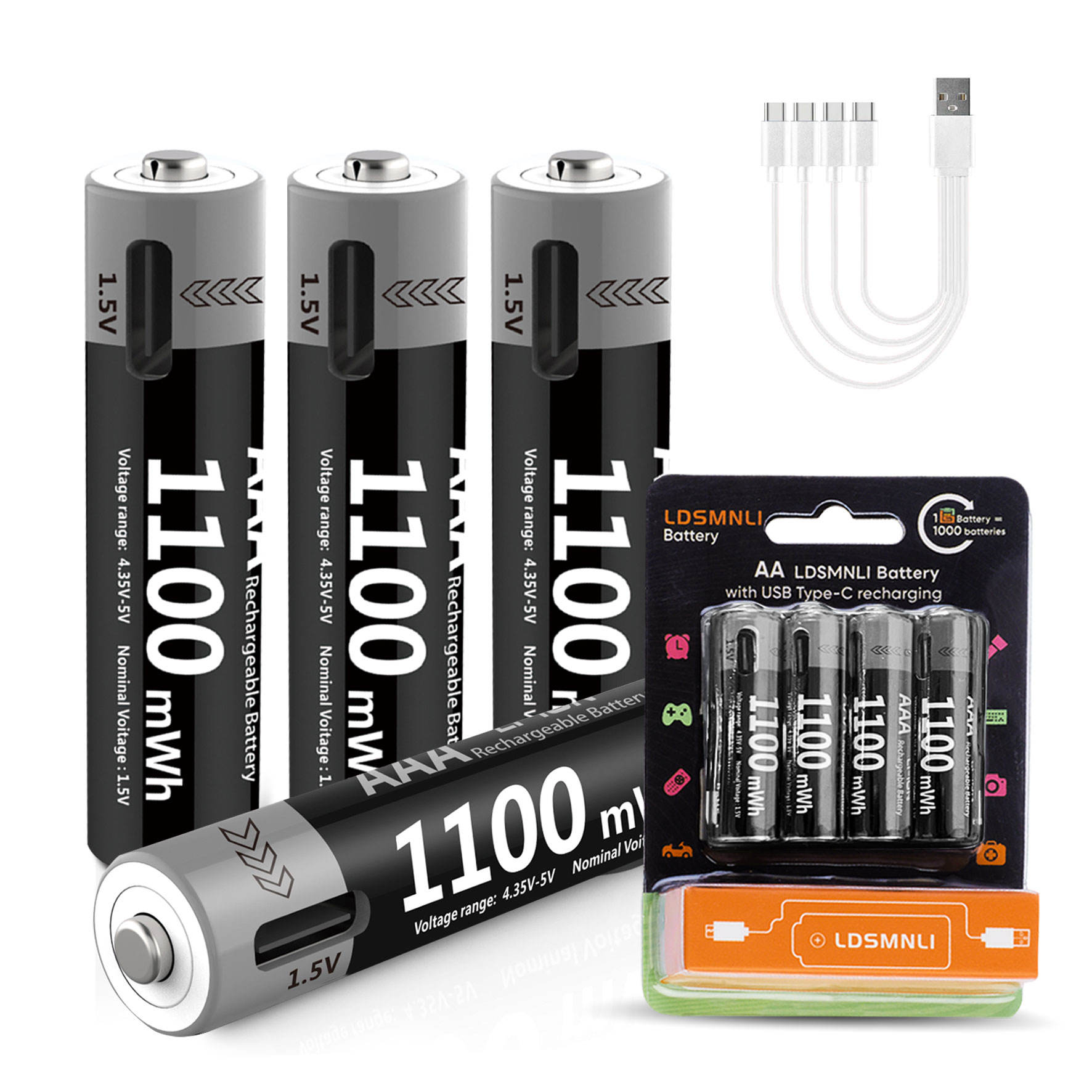 4 batteries + 1 câble de chargement