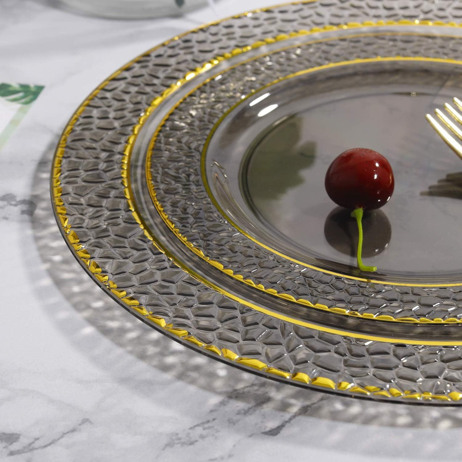 Plato de granada transparente de 75 pulgadas y 19 cm, base negra, borde dorado, 2