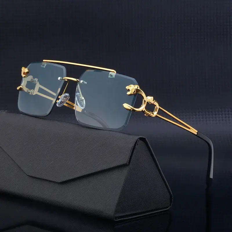 Gafas de sol sin montura con estilo y puente doble con cabeza de leopardo Vintage a la moda barata 2023, gafas de sol con protección UV400 para mujer