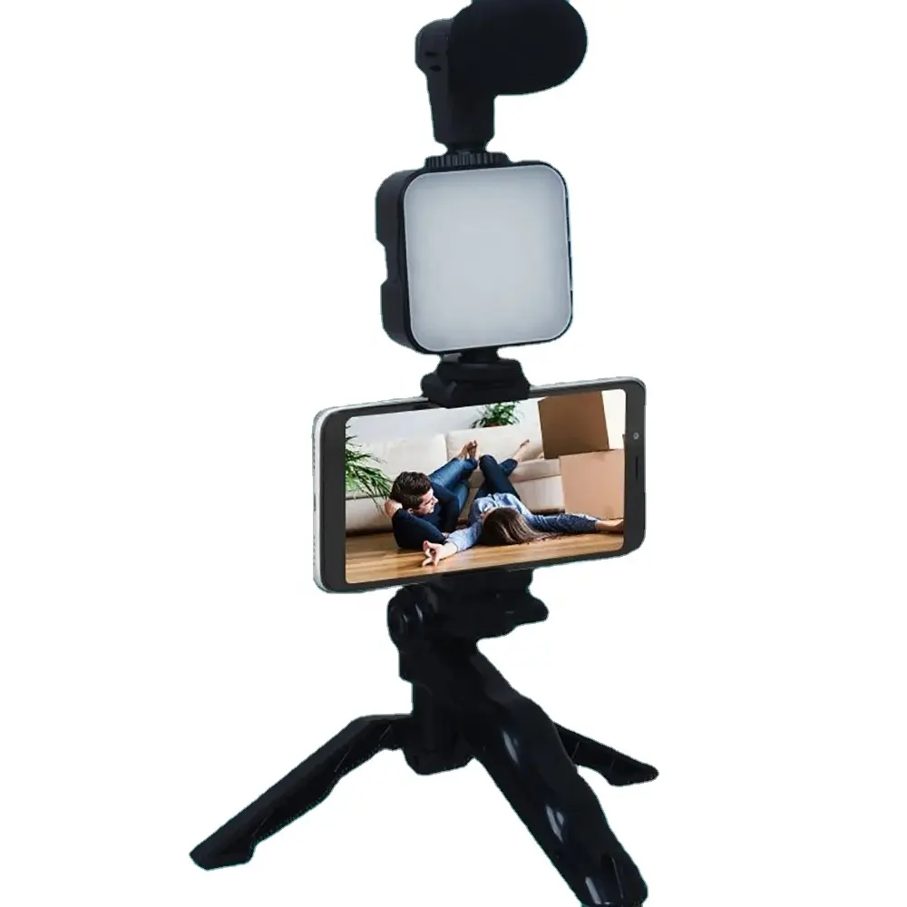 Vlog Kit Smartph pemula, mikrofon Video ponsel LED ringan AY-49 Tripod bebas genggam Blog kamera Youtube, Kit Vlog perjalanan