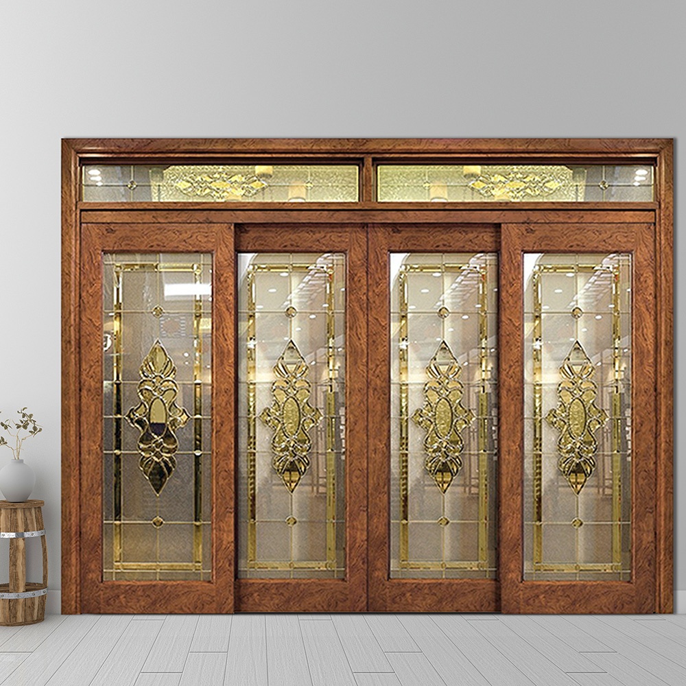prehung finished surface Mahogany Luxury Modern design four panel interior wooden glass sliding doors