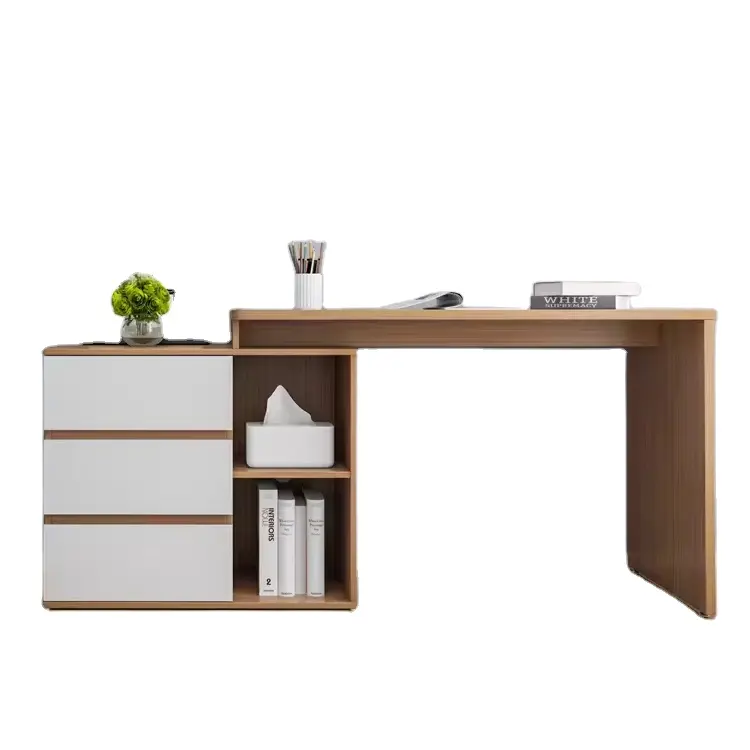 Muebles de oficina Escritorio ajustable en forma de L con estante de almacenamiento de 3 niveles Mesa de oficina ejecutiva Diseño moderno Último hogar de madera Ltd.