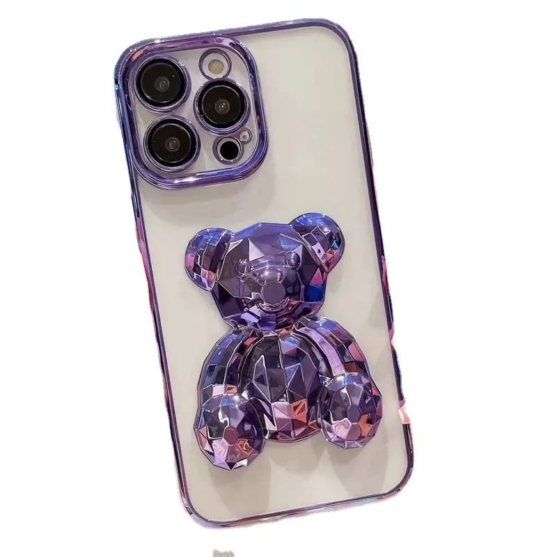 Casing ponsel lapisan transparan 3D, pelindung belakang lembut 3D Kristal Beruang merekat sendiri film lensa stereo beruang untuk iphone 13 14 pro