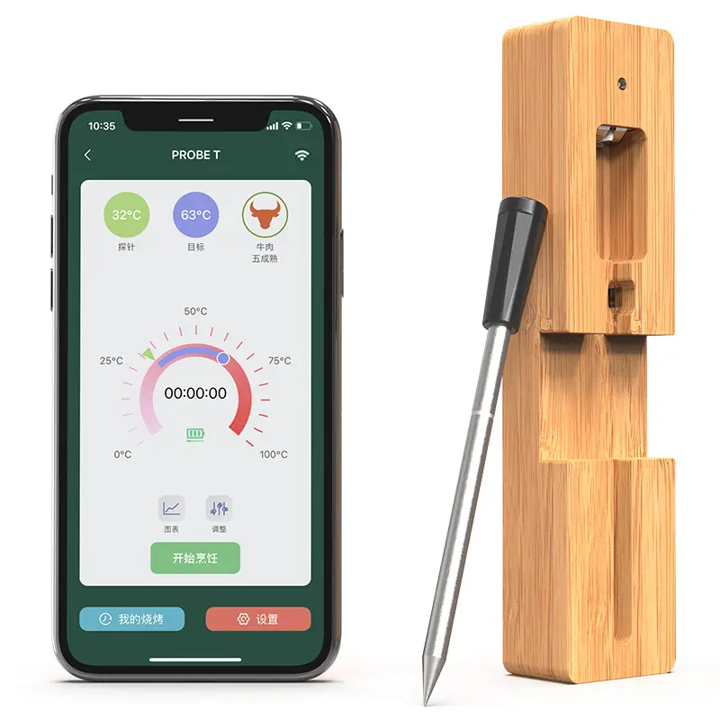 Nouvelle technologie App Télécommande Smart Wireless BBQ Thermomètre 304 sonde en acier inoxydable Thermomètre Bluetooth pour la cuisson