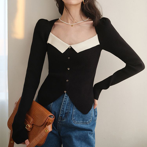 复古经典撞色方领长袖针织毛衣女春夏新款女士套头衫 - Product Image 1