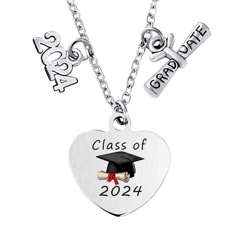 Ywganggu Customizable Stainless Steel Heart Necklace Color Printed Engraving Class Of 2024 Graduation Necklaces Jewelry