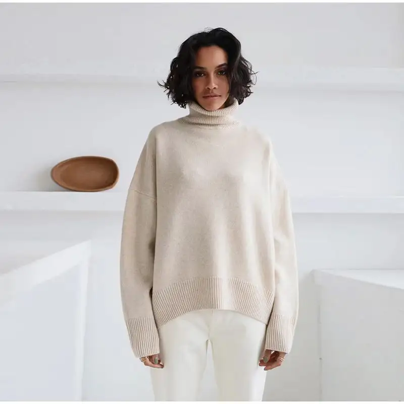 Hot Sale European American Cashmere Wool Sweaters Pullovers Loose Oversized Turtleneck Knit Sweater Woman