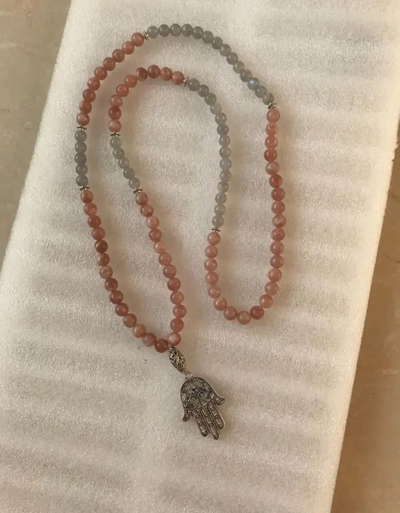 Collier Malas en pierre du soleil naturelle, pendentif Labradorite, 108 perles