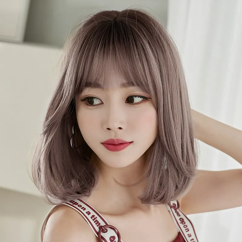 Donne in fibra giapponese resistenti al calore Cosplay Lolita parrucche sintetiche corte per capelli parrucca al cioccolato in lino rosa con frangia