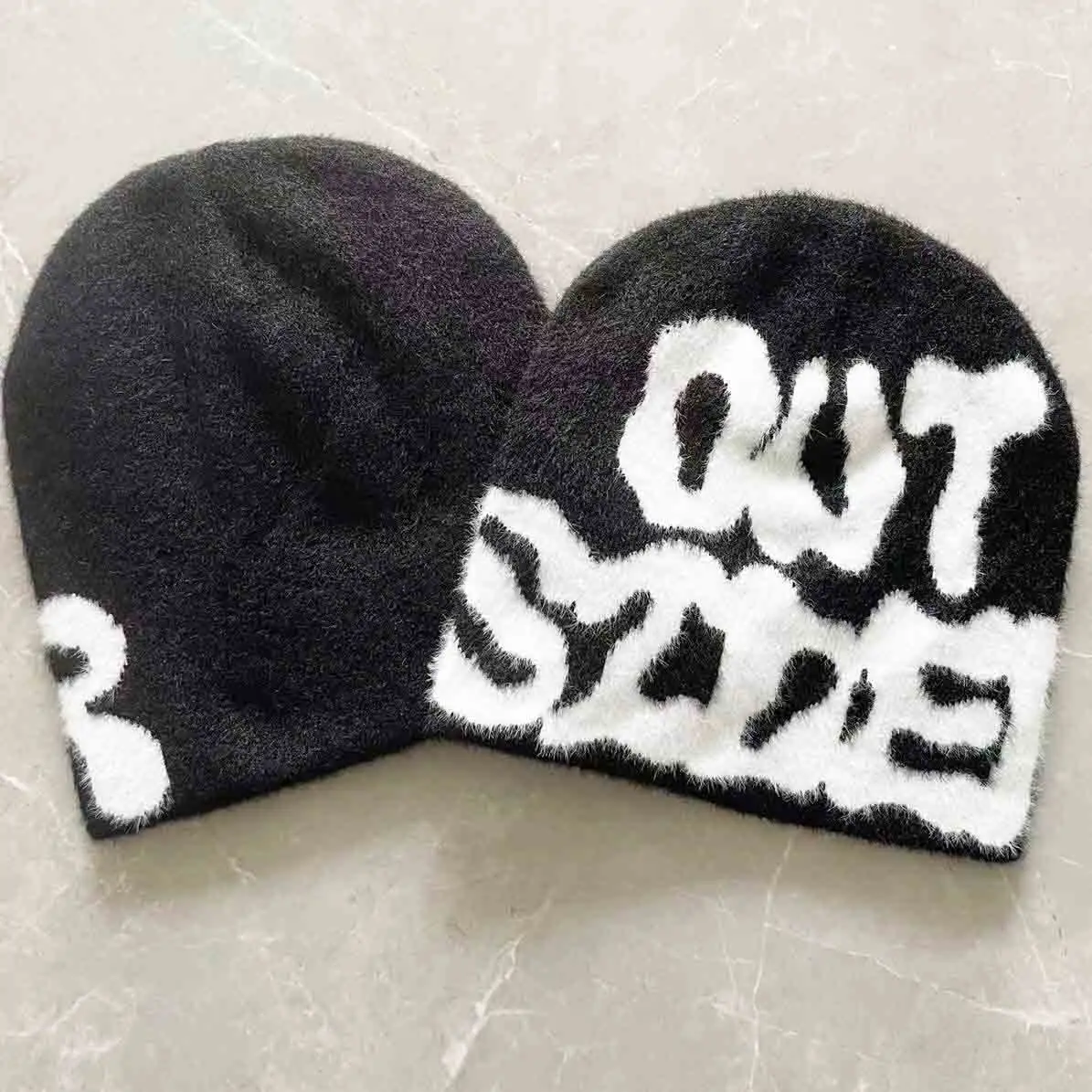 Logo ile özel kürk Beenies akrilik yüksek kaliteli örgü Premium kaşmir yün Mea Culpa jakarlı tiftik bere