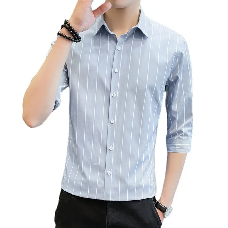 M-5XL 스트라이프 셔츠 남자의 3/4 소매 셔츠 봄/여름 비즈니스 슬림 핏 캐주얼 남자의 탑