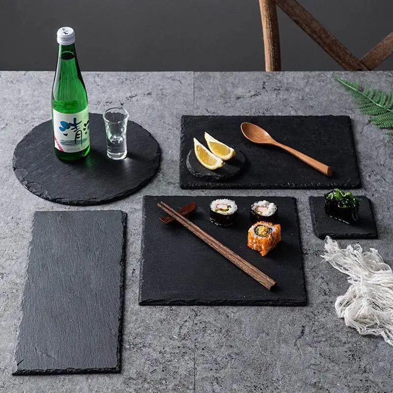 Mesa de cena decorativa de pizarra de roca Natural, plato de queso, bandeja para servir comida de Sushi, platos de pizarra negra, venta al por mayor