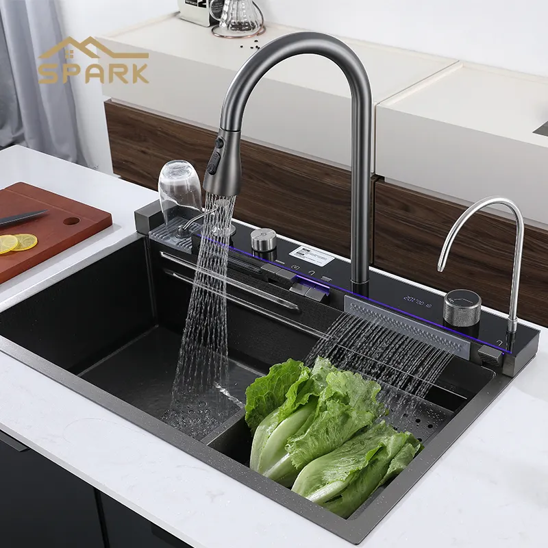 Lavello da cucina moderno a cascata due ciotole lavelli da cucina sciacquatrice in vetro in acciaio inossidabile per lavelli da cucina
