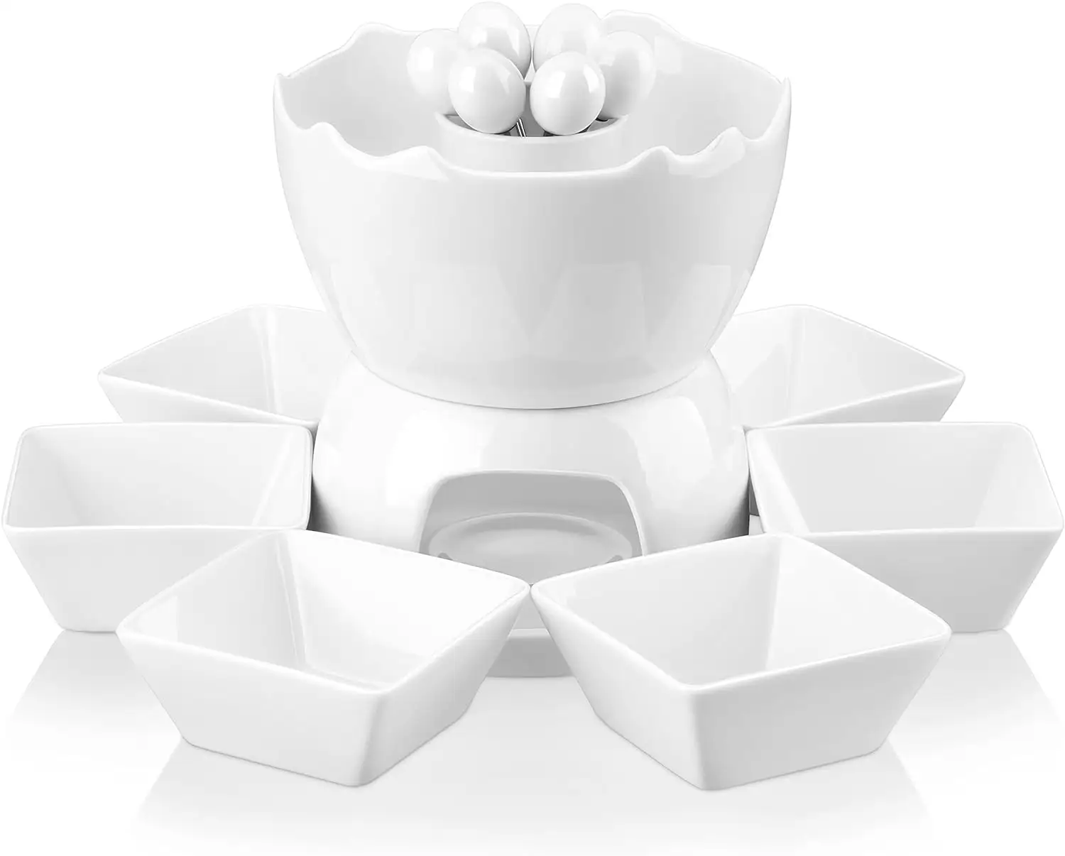 Tealight Chocolate Fondue de porcelana personalizado com tigelas e garfos para 6, conjunto de fondue de queijo ou fondue de manteiga, branco