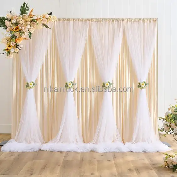 Champagne Tulle Backdrop Rèm 4 Bảng Điều Chỉnh Hai Lớp Champagne Tulle Rèm Ảnh Backdrop Cho Đám Cưới Sinh Nhật