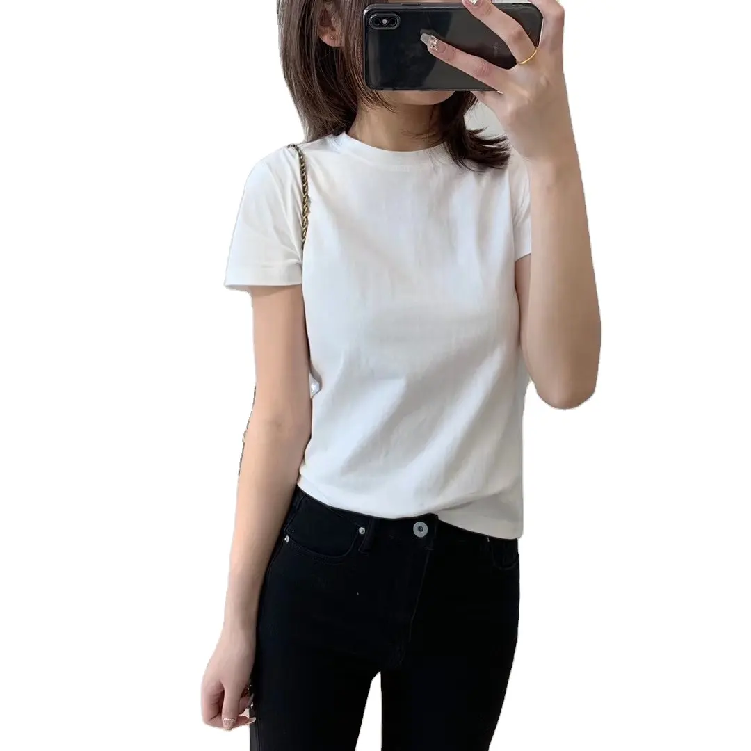 Vêtements coréens T-shirts pour femmes T-shirt à col rond vierge avec logo personnalisé 100% coton
