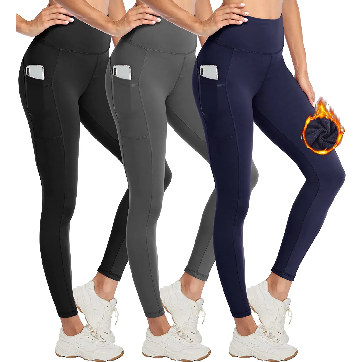 Leggings femininos cintura alta, perneiras térmicas grossas com bolso poliéster quente forro fleece yoga