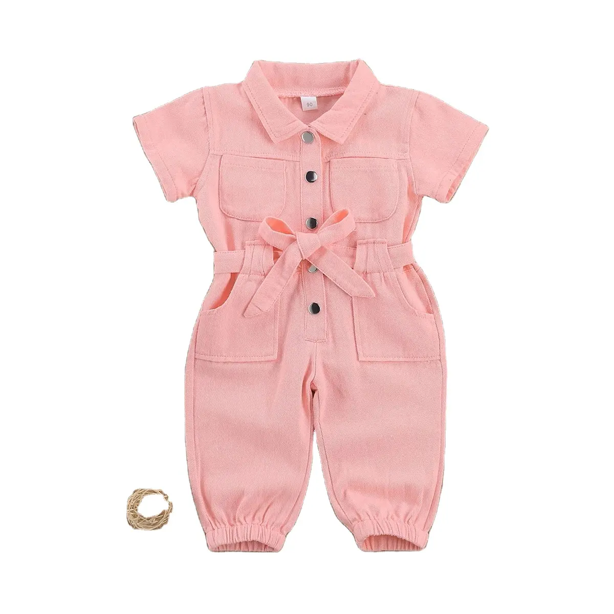 Toddler Girl romper short-sleeved pocket Pink Color belt bow baby onesie baby clothes baby romper