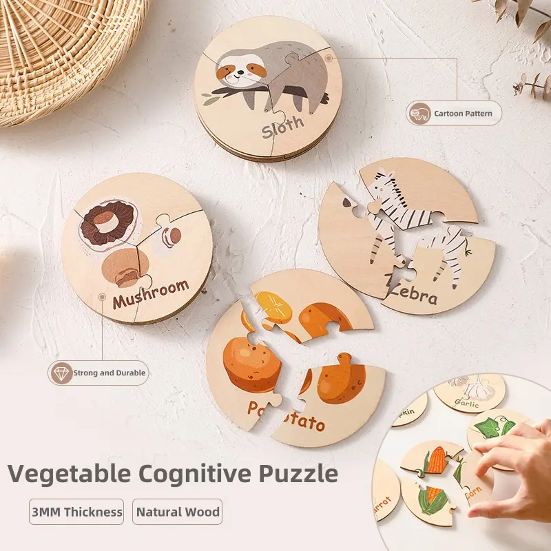 Chainlink Cartões de quebra-cabeça de madeira para jogos de madeira educacional Montessori personalizados de fábrica, legumes e animais