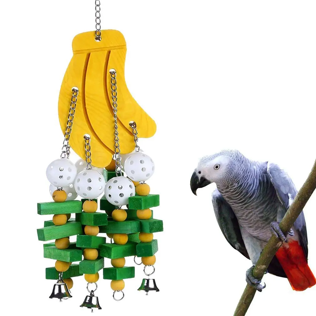 Grigio pappagallo Ali Sun morde giocattolo uccello spiedini di mela Banana giocattolo