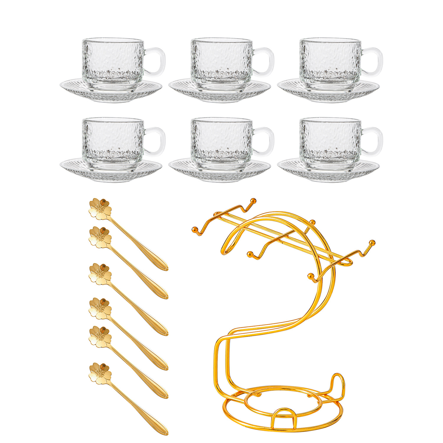 Tasses empilées-grain de bois-6 tasses 6 assiettes 6 cuillères-cadre doré