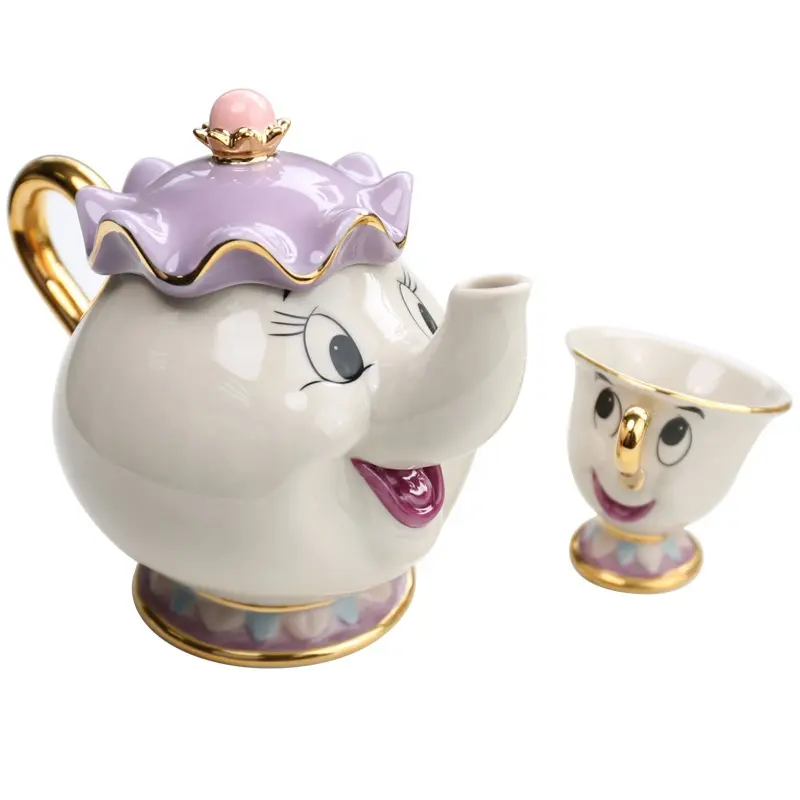 Conjunto de café da bela e da fera, porcelana com desenhos animados de cerâmica xícara de porcelana mrs. potts e chip de chá de luxo com bule