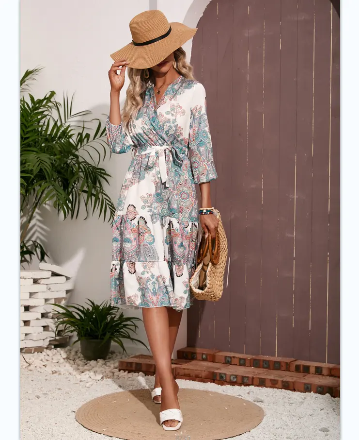 Vestido de verão chiffon midi feminino, roupa casual de cintura elástica estilo boho com estampa floral, vintage