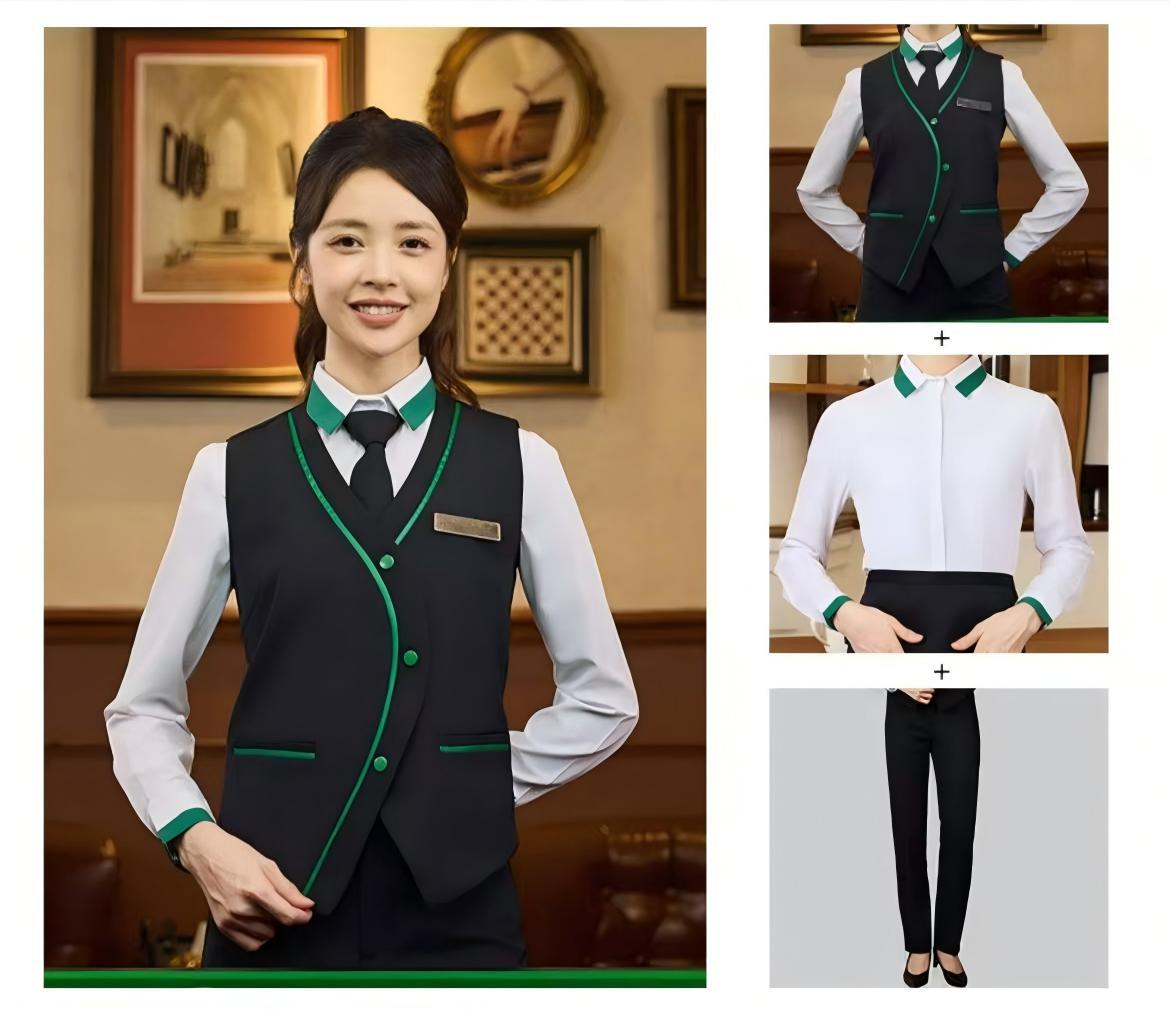 Conjunto de 3 piezas para mujer: camisa blanca + chaleco + pantalón negro