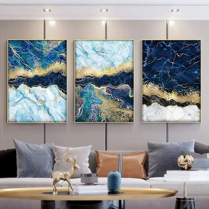 Decoración del hogar moderno líquido azul dorado venas mármol arte impresión póster imagen lienzo pintura decoración de pared abstracta