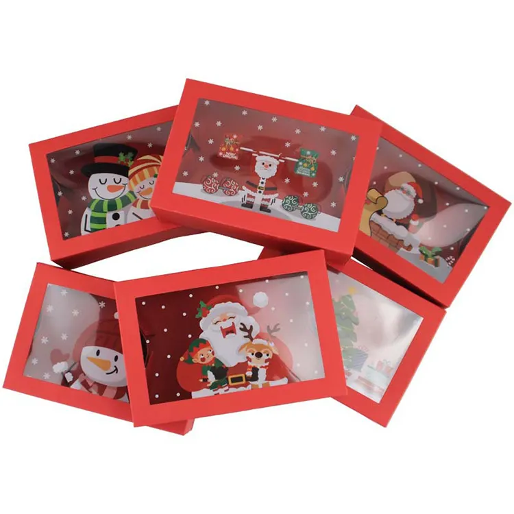 Caja de dulces de decoración navideña de Año Nuevo, regalo de almacenamiento de Navidad plegable personalizado con ventana, cajas de papel de embalaje Kraft