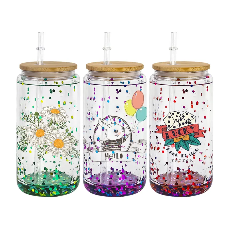 US China Warehouse Sublimation glass can 16oz clear double walled glass mason cup with bamboo lid sublimation water bottle