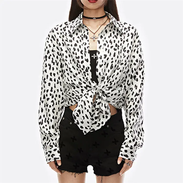 Tops cortos elegantes de alta calidad para mujer, blusa informal de manga larga con cuello tipo polo, camisas de seda con estampado de leopardo