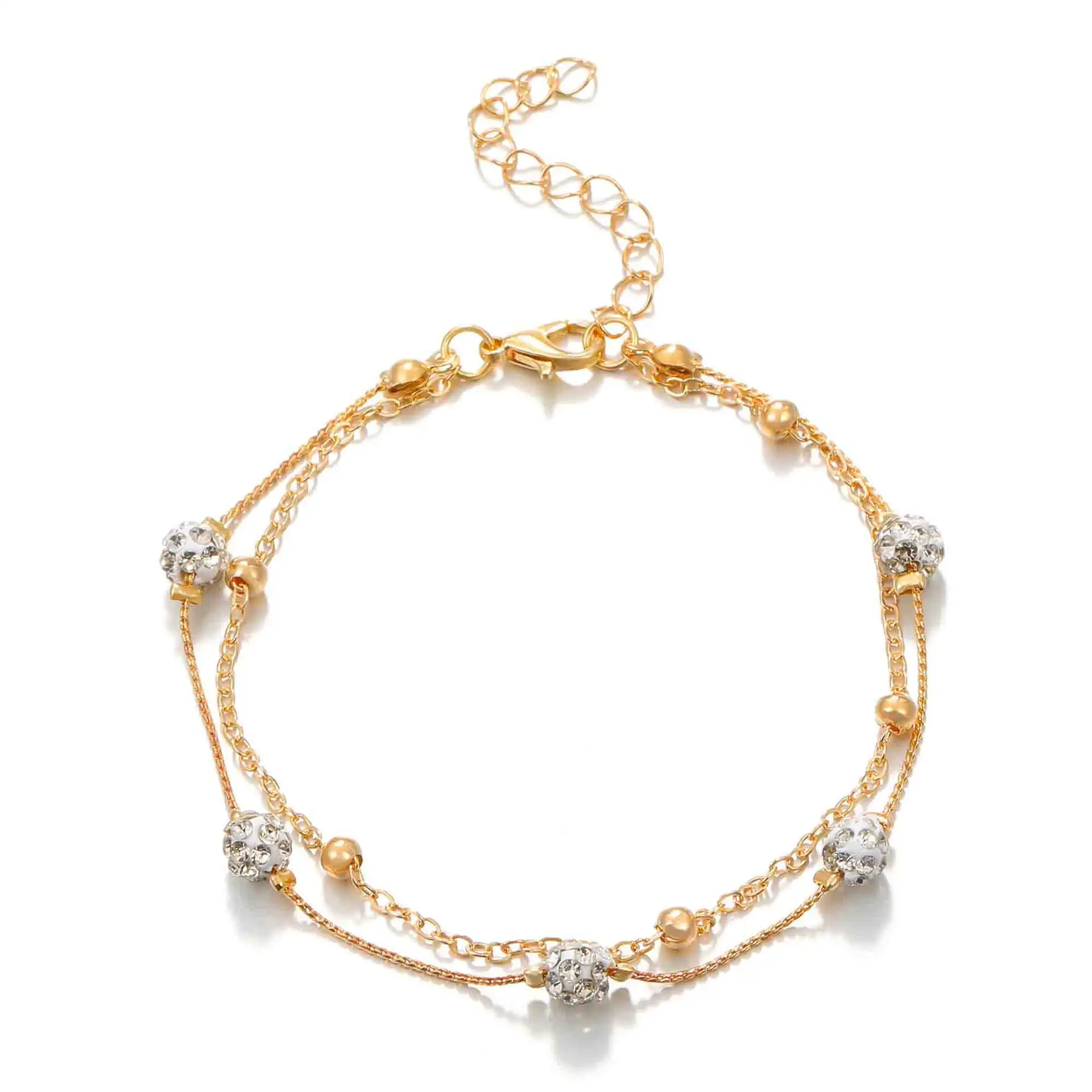 Gelang kaki lapis ganda mode gelang kaki ornamen bola kristal rantai tembaga berlapis emas 18K untuk perhiasan wanita