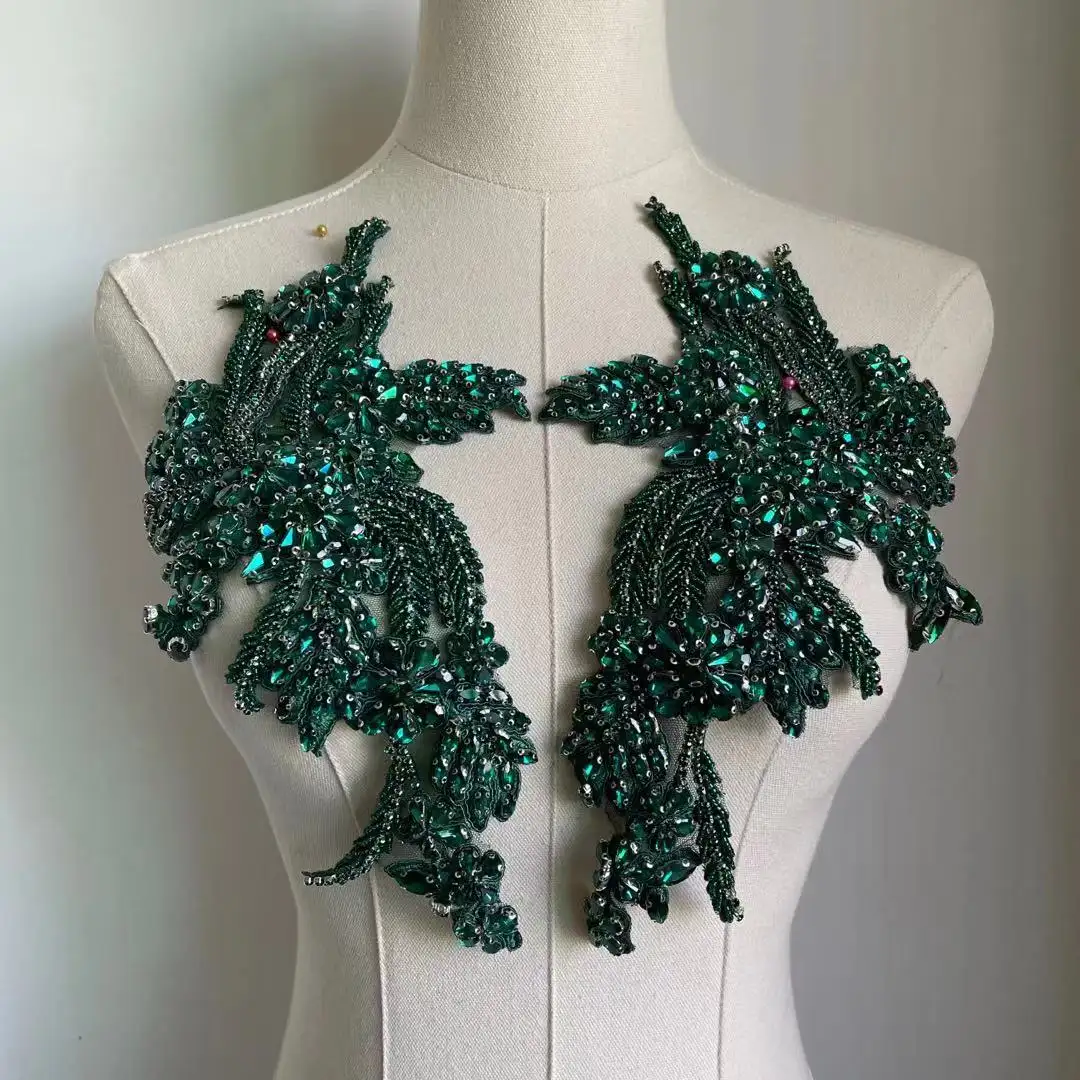 Parche de diamantes de imitación para disfraz de baile, Aplique de encaje brillante, color verde esmeralda