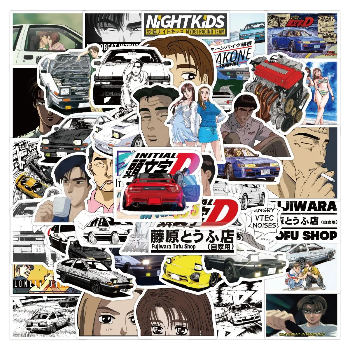 Pegatinas de dibujos animados para niños, pegatinas decorativas de Anime japonés, grafiti, Logo personalizado, inicial D, coche, bicicleta, bricolaje, 50 Uds.