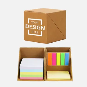 Custom Design <span class=keywords><strong>Cube</strong></span> Forma Sticky Note Set Kraft <span class=keywords><strong>Paper</strong></span> Pad Pen Holder Set Promoção Barato Sticky Custom Logo Com Box Note Pad