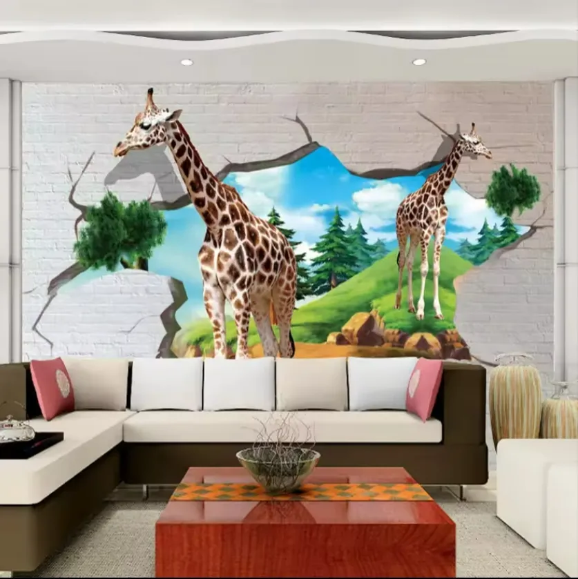 Mural de pared 3D estereoscópico jirafa pared de ladrillo habitación de los niños papel tapiz fotografía Fondo 3D pared Mural niños