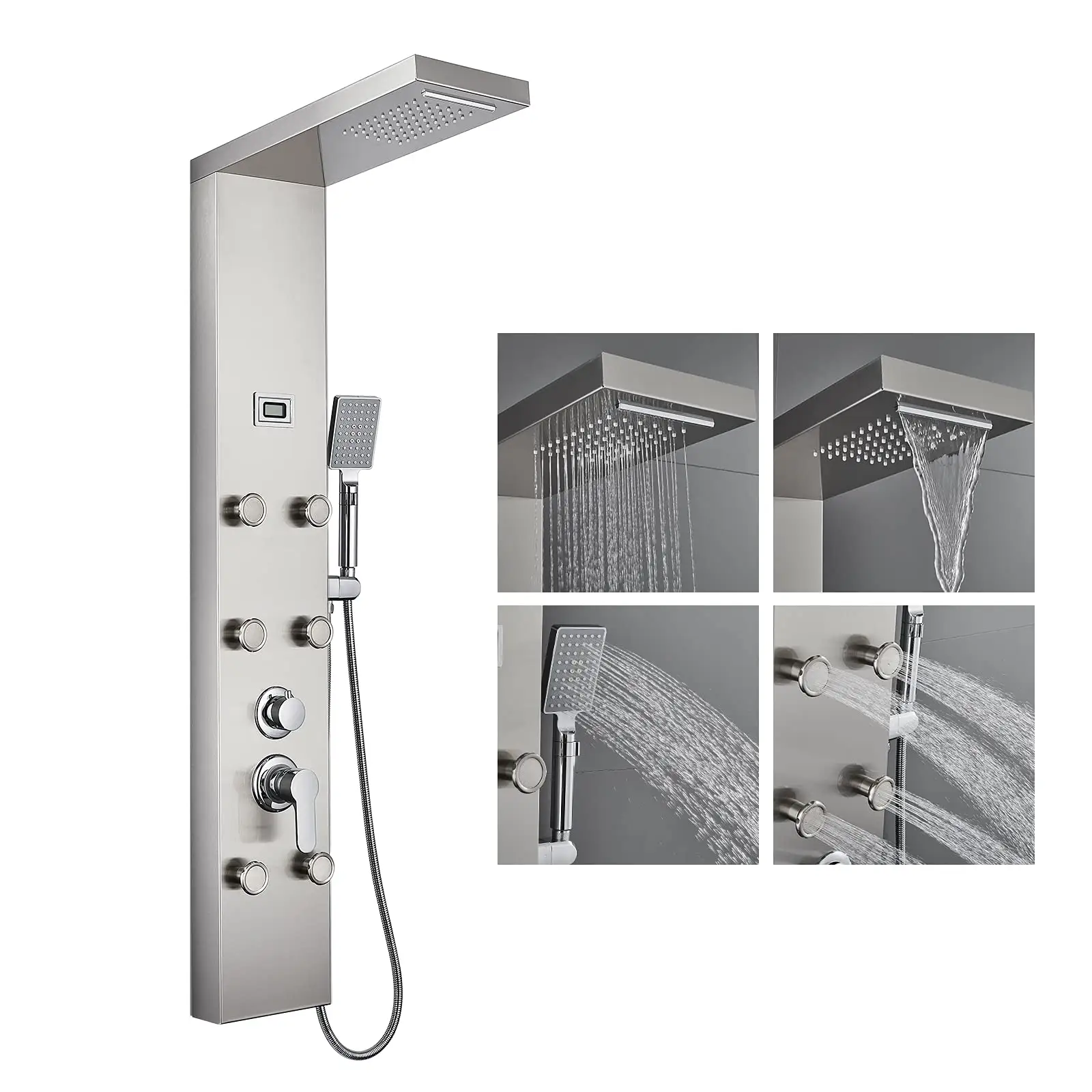 Stainless Steel Rose Red Dual Handle Thermostatic Shower Panels With 3 Circular Back Massage Jets And Flexible Hose