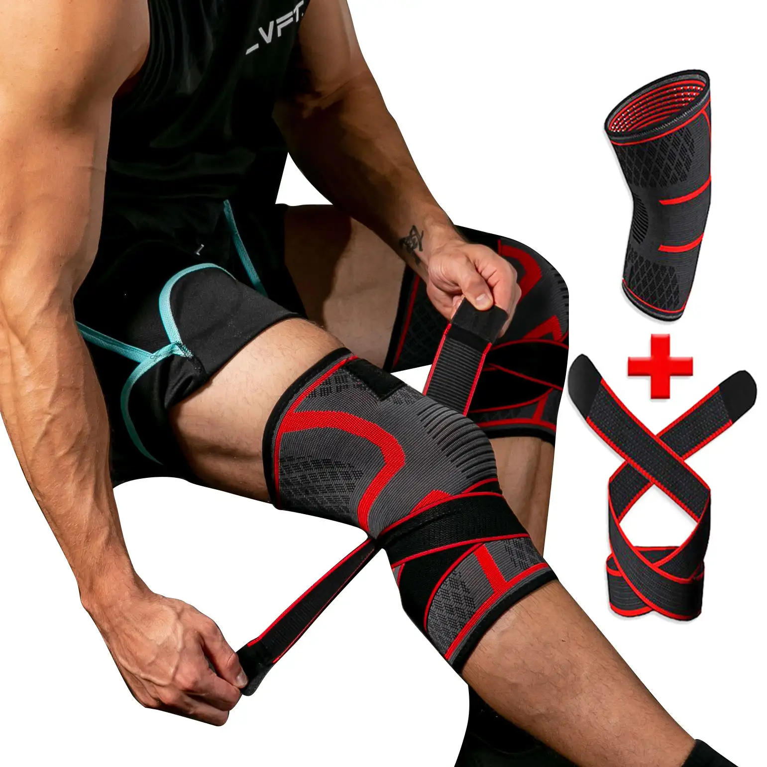 Vente en gros Genouillère pour Fitness Powerlifting Manchon de protection par compression avec ceinture réglable Genouillères respirantes