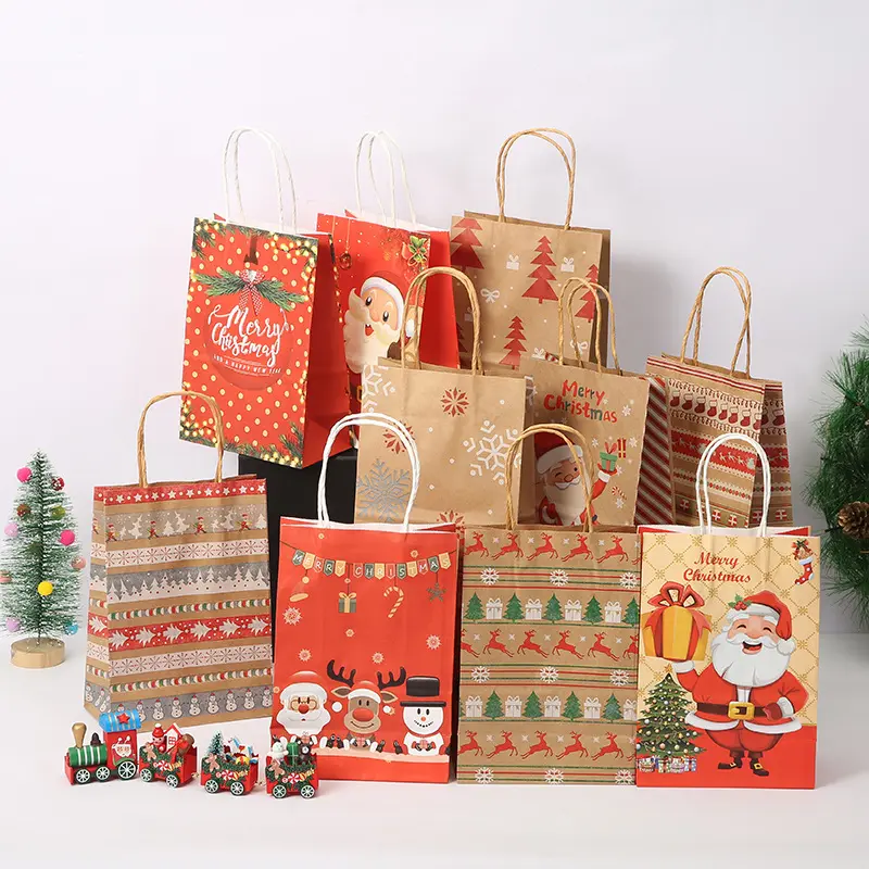 Natale personalizzato babbo natale regalo per la festa di capodanno stampato artigianato Shopping di lusso confezione natalizia sacchetto regalo in carta Kraft con manici