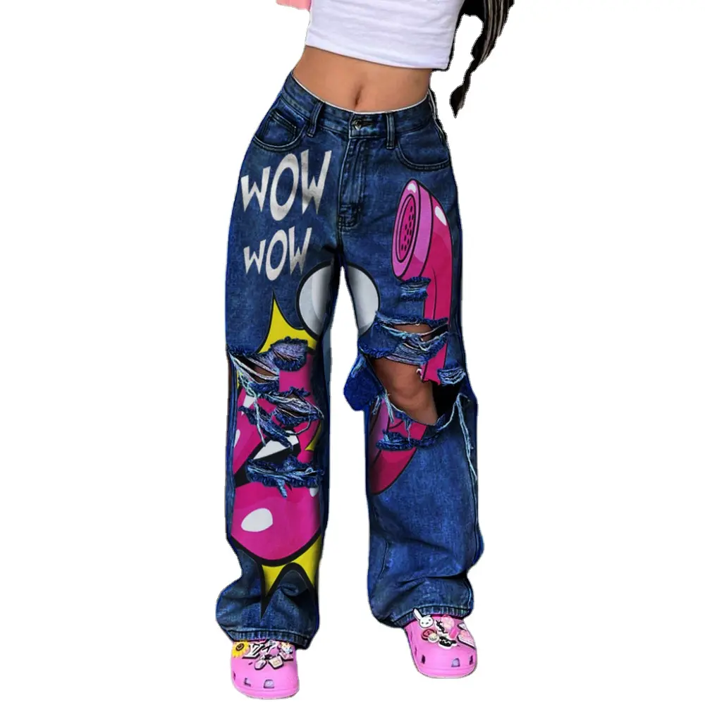 Calça jeans plus size feminina de fábrica com estampa de graffiti de cintura alta estilo casual e sexy rasgado