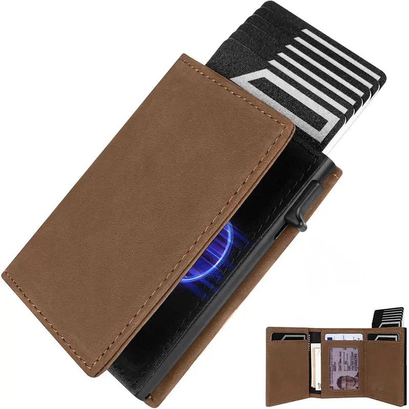 Carteira retrô marrom ultrafina e minimalista com bolso para moedas porta-cartões de crédito pop-up