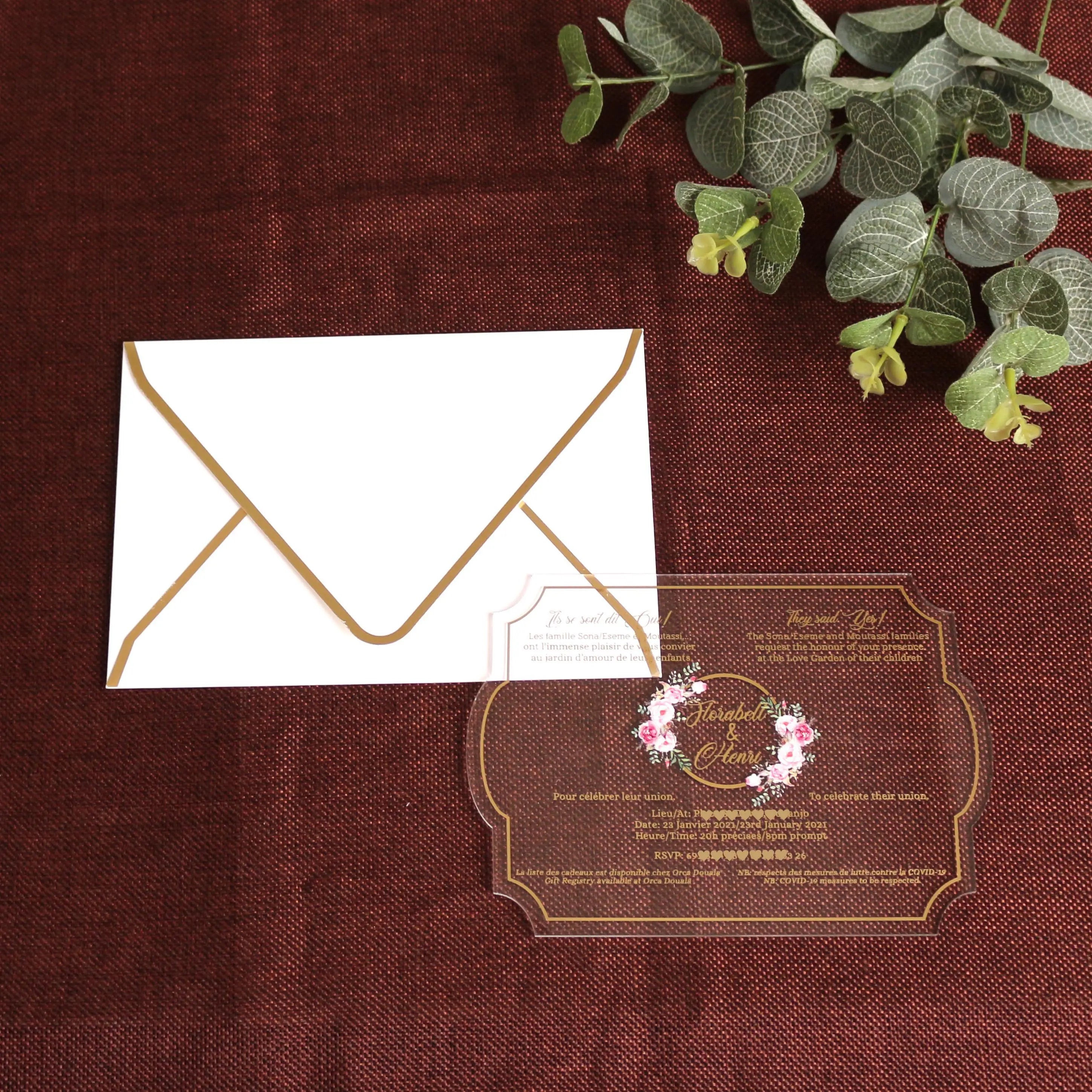 Biglietti per inviti per feste di matrimonio di compleanno in acrilico trasparente personalizzato con stampa a colori di alta qualità con busta di carta